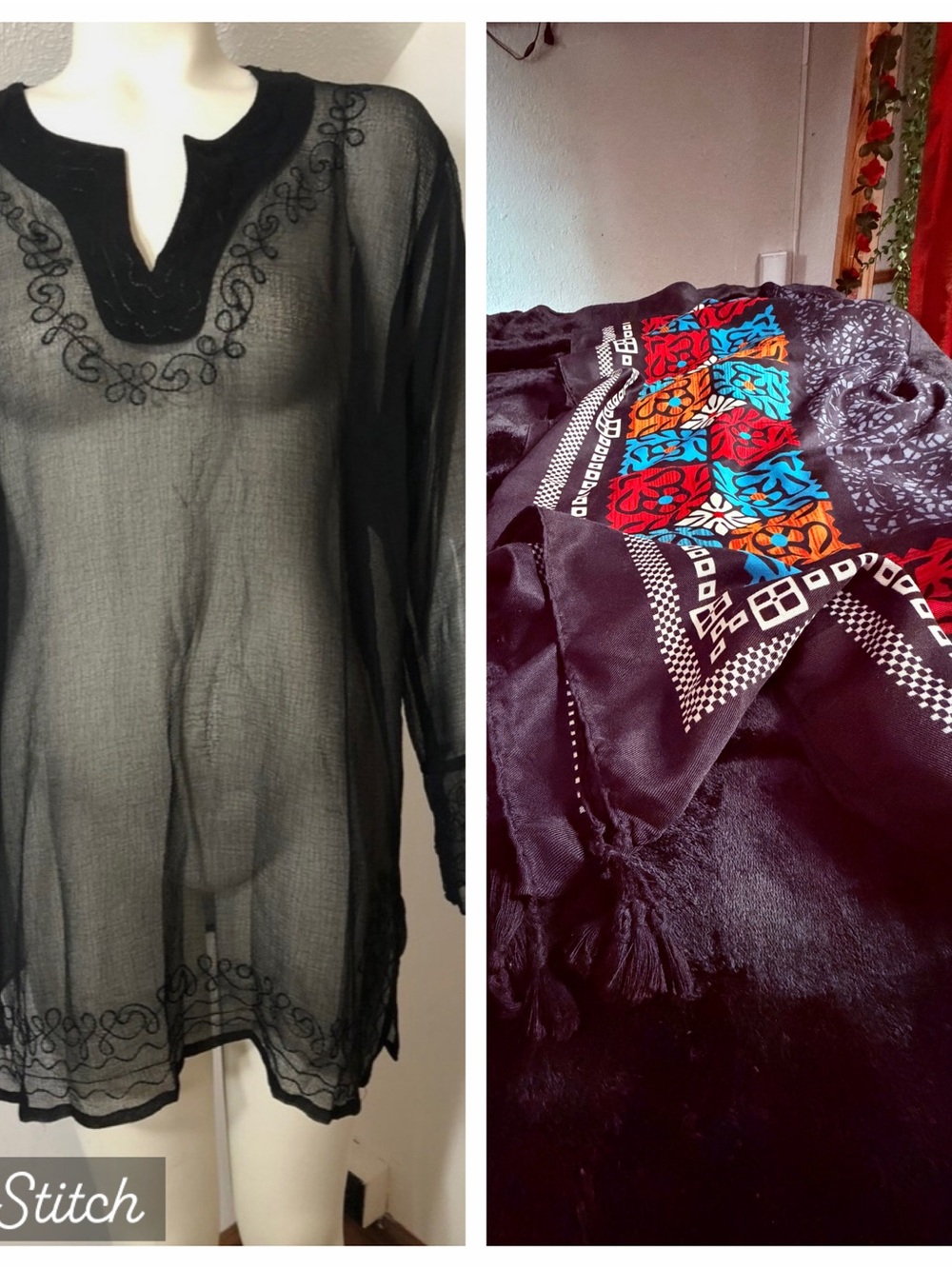 Sheer Black Embroidered Tunic Top with Colorful Panel